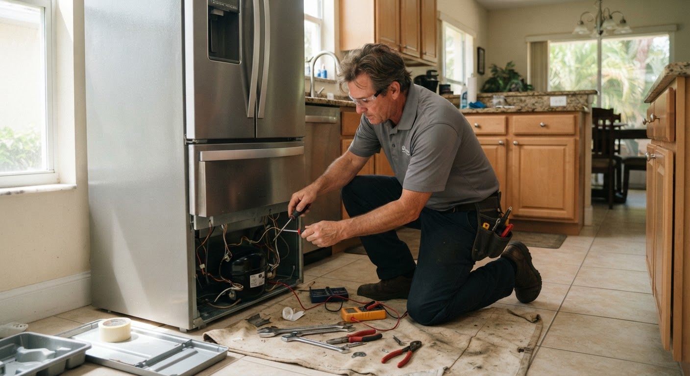 Appliance repair technician working in a Stockton, CA kitchen